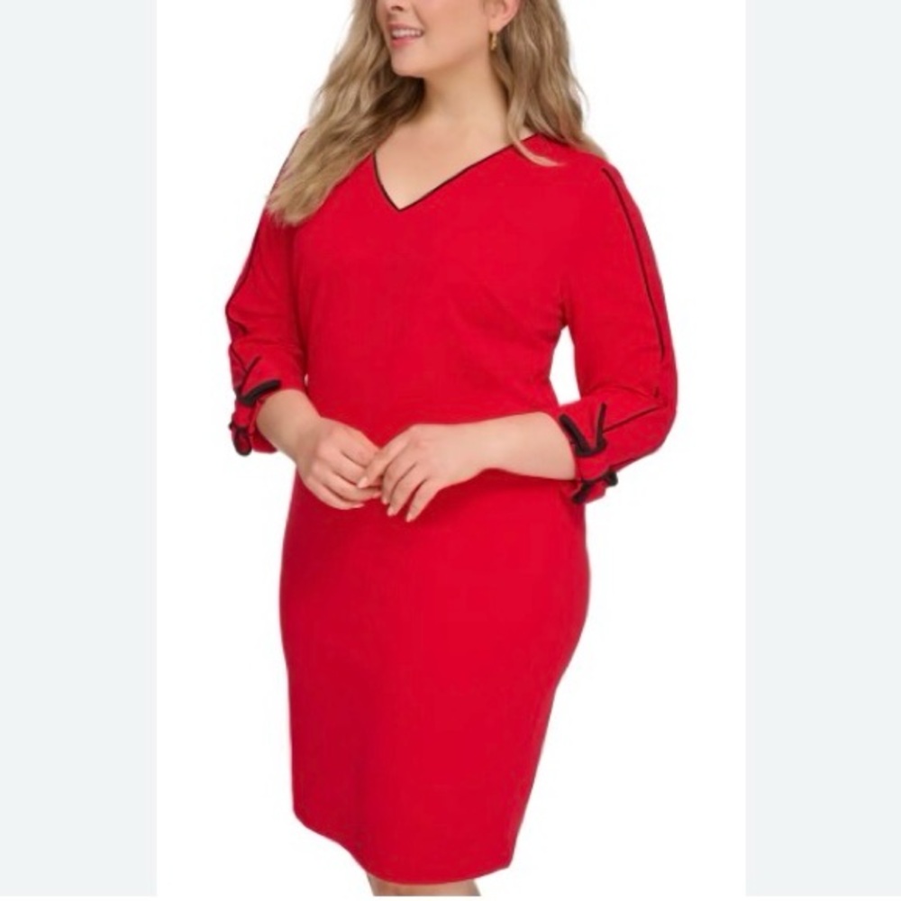 Calvin Klein Red V-Neck Sheath Dress with Ribbon on Sleeves with Black Trim